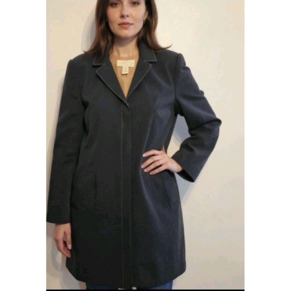 Norton McNaughton Women's Duster Blazer Jacket Size 16 Navy Blue Brown Thread
